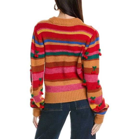 Farm Rio Colorful Stripe 3D Cherry Crochet Wool Blend Sweater NWT Small - Picture 7 of 16